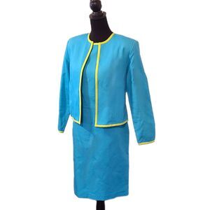 Bob Mackie Vintage 1980s Bright Aqua Blue & Neon Yellow Skirt Suit Set, Size 6